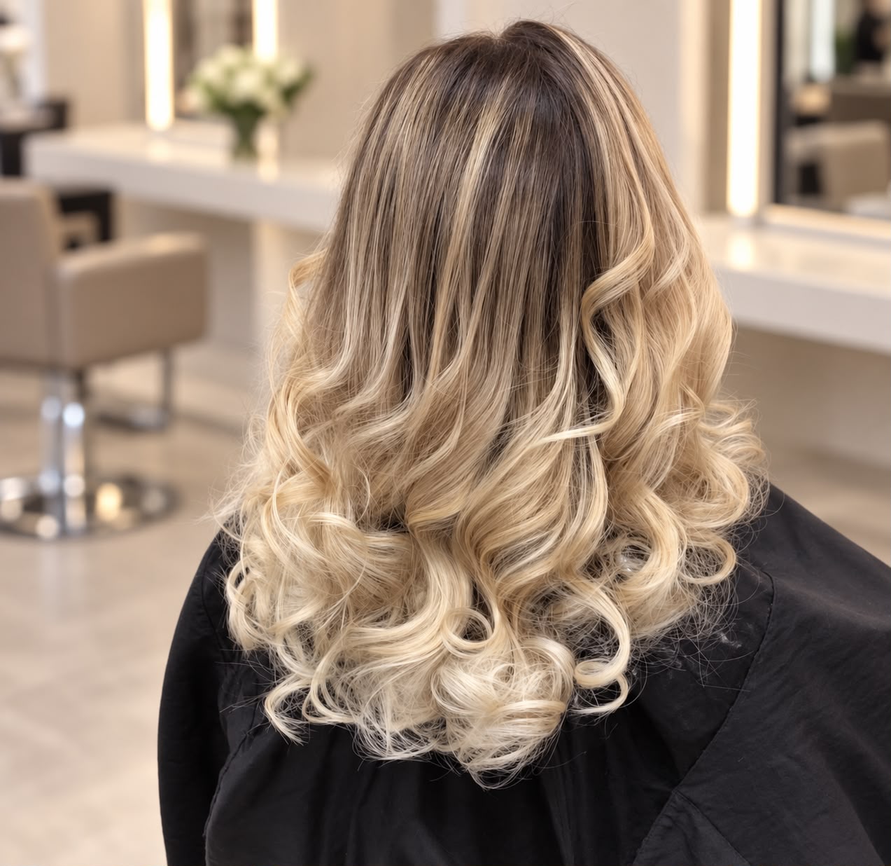 Blond balayage result seen from behind, luminous curls created in a professional salon
