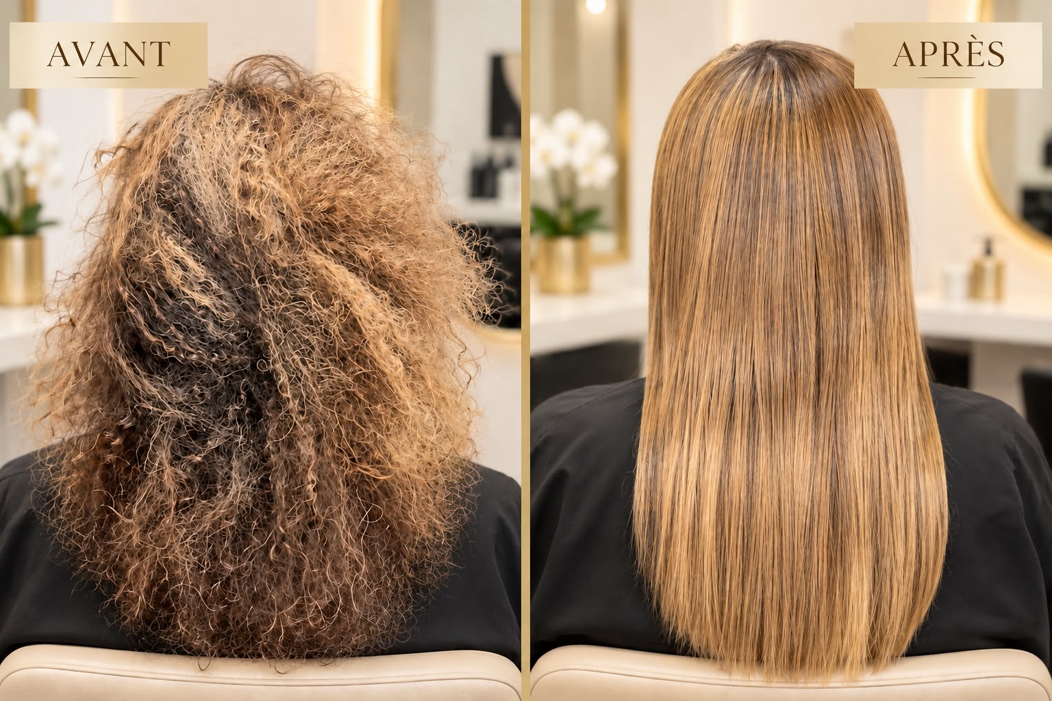 Résultat avant et après d’un soin capillaire lissant sur cheveux bouclés